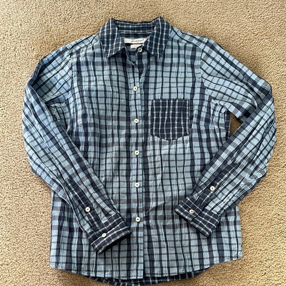 Foxcroft Easy Care Blue Checkered Crinkle Shirt Women’s 8 Business Casual - Picture 1 of 8
